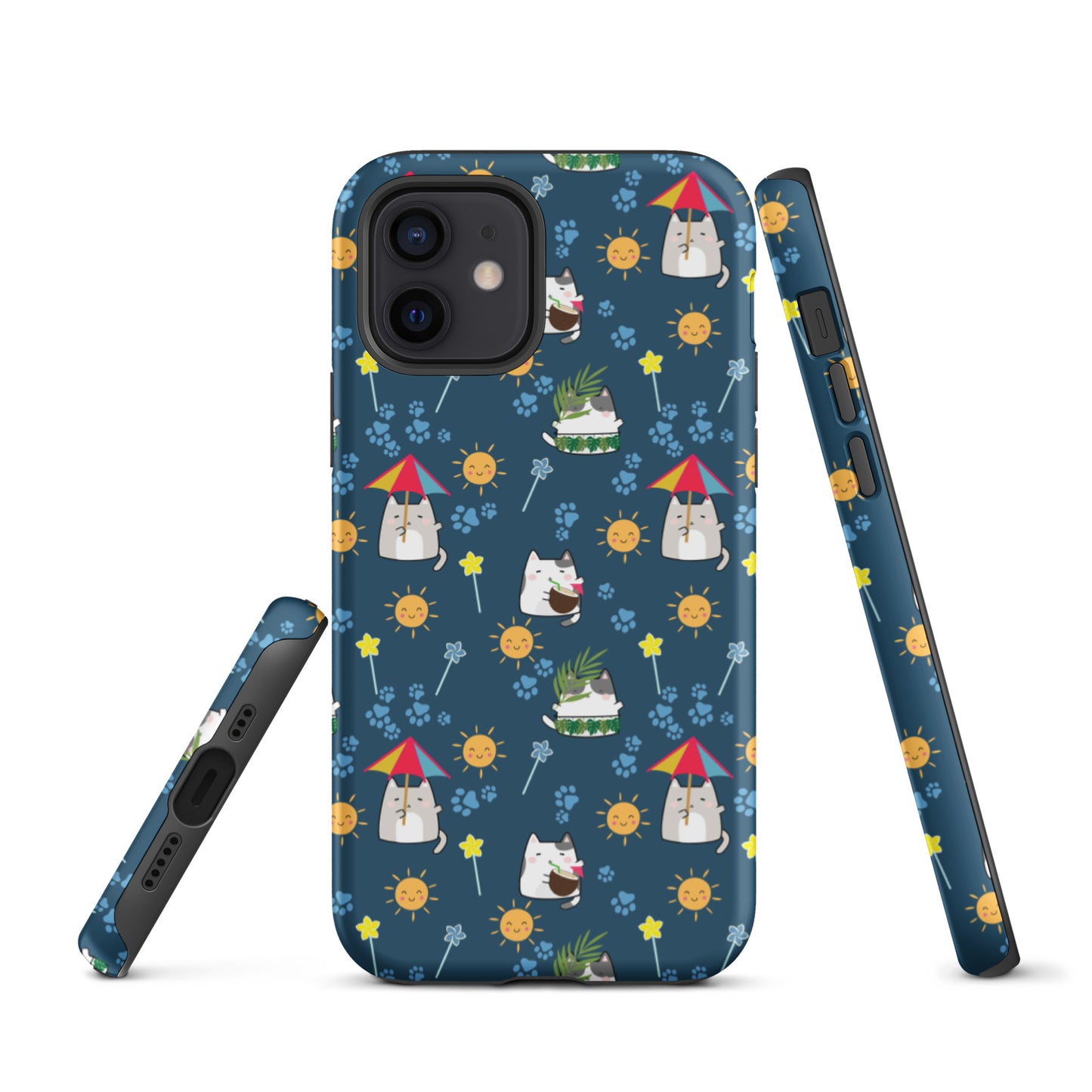 Tough case for iPhone 11, 12, 13, 14, 15, 16 Variations | Cat Summer Umbrella Blue Background