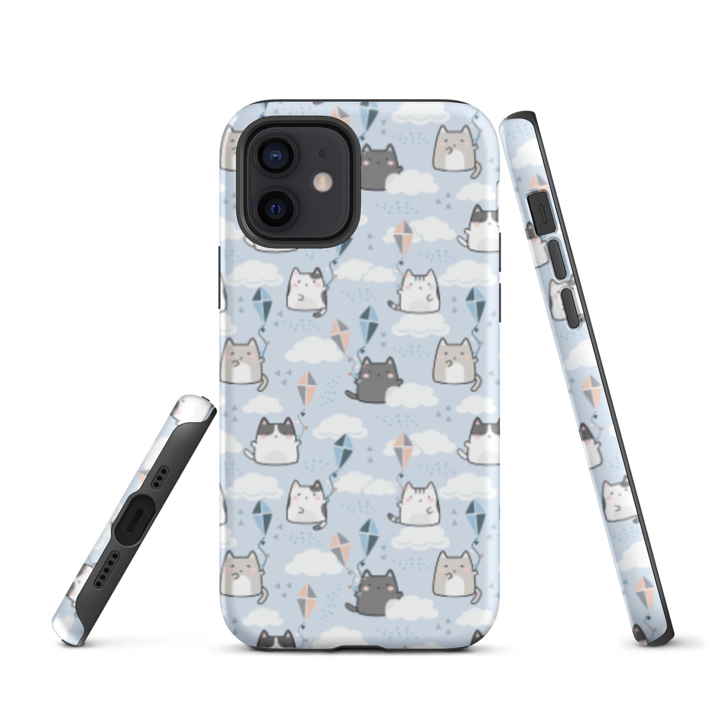 Tough case for iPhone 11, 12, 13, 14, 15, 16 Variations | Cat Cloud Kite LightBlue Background