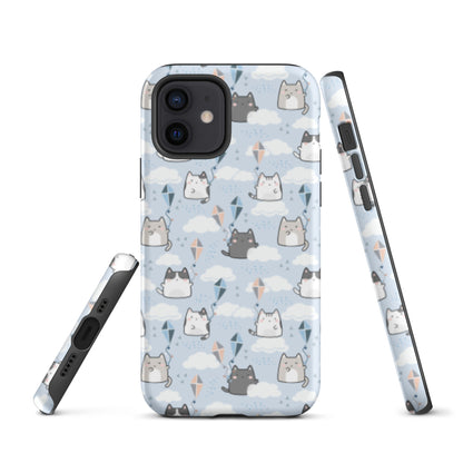 Tough case for iPhone 11, 12, 13, 14, 15, 16 Variations | Cat Cloud Kite LightBlue Background