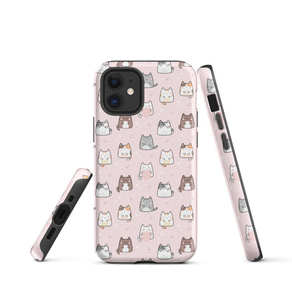 Tough case for iPhone 11, 12, 13, 14, 15, 16 Variations | Cute Cat with Heart Pink Background