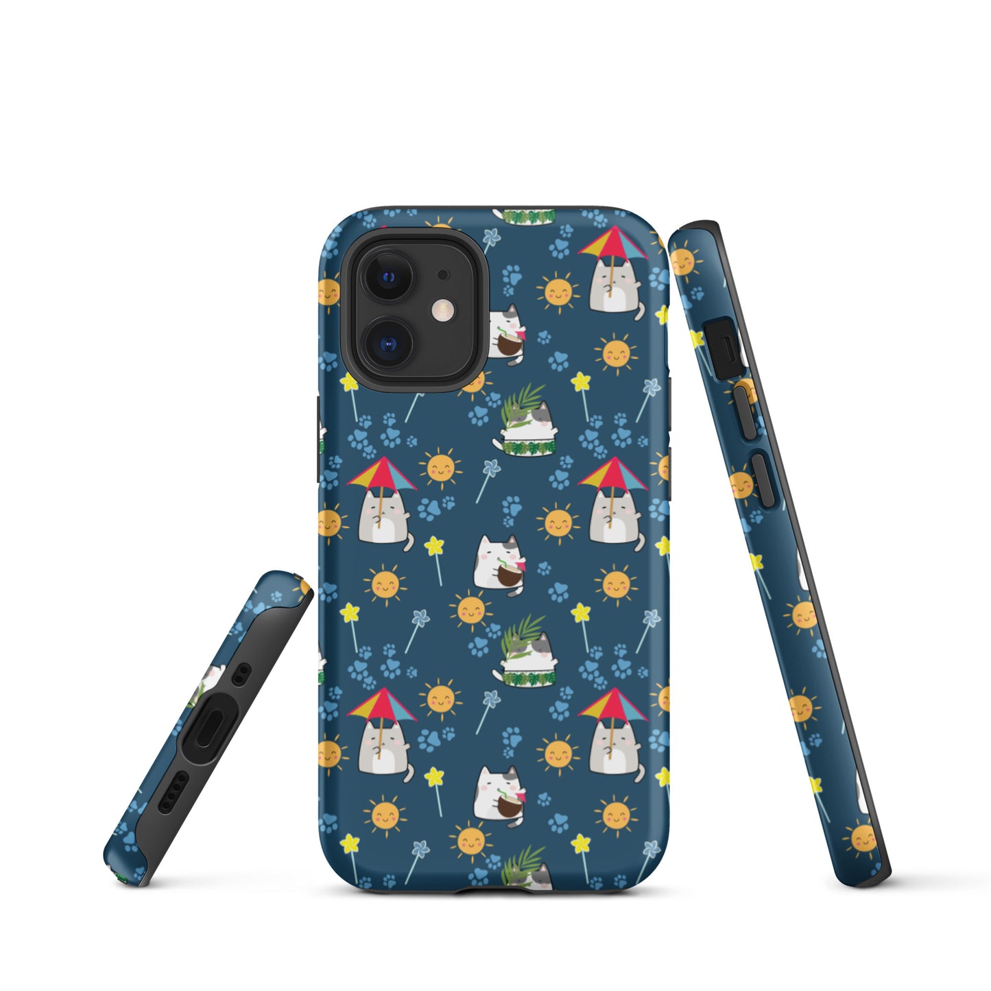 Tough case for iPhone 11, 12, 13, 14, 15, 16 Variations | Cat Summer Umbrella Blue Background