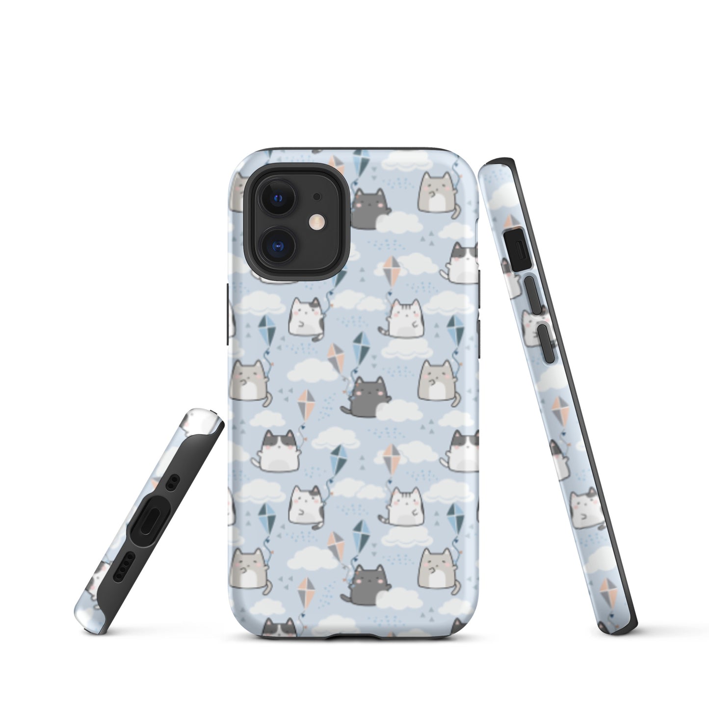 Tough case for iPhone 11, 12, 13, 14, 15, 16 Variations | Cat Cloud Kite LightBlue Background