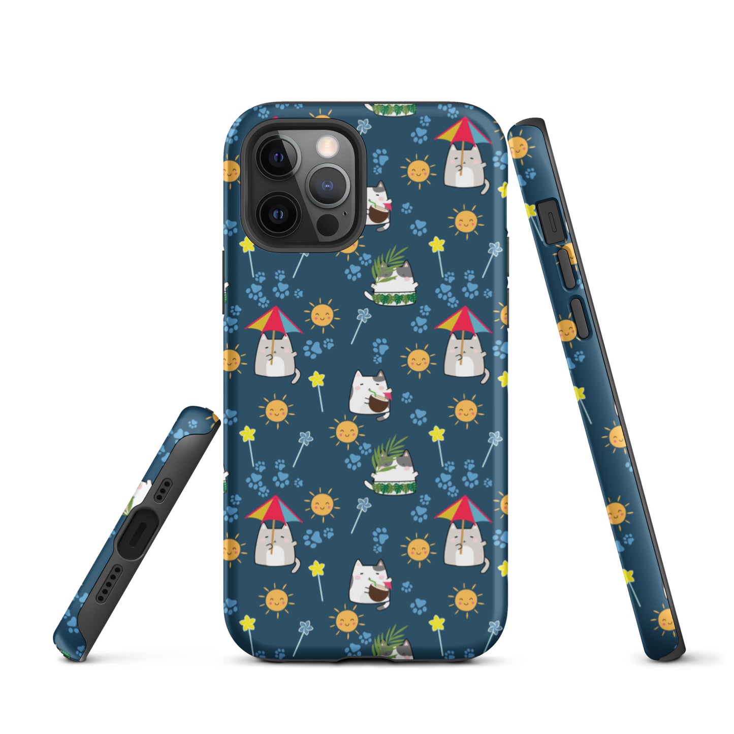Tough case for iPhone 11, 12, 13, 14, 15, 16 Variations | Cat Summer Umbrella Blue Background