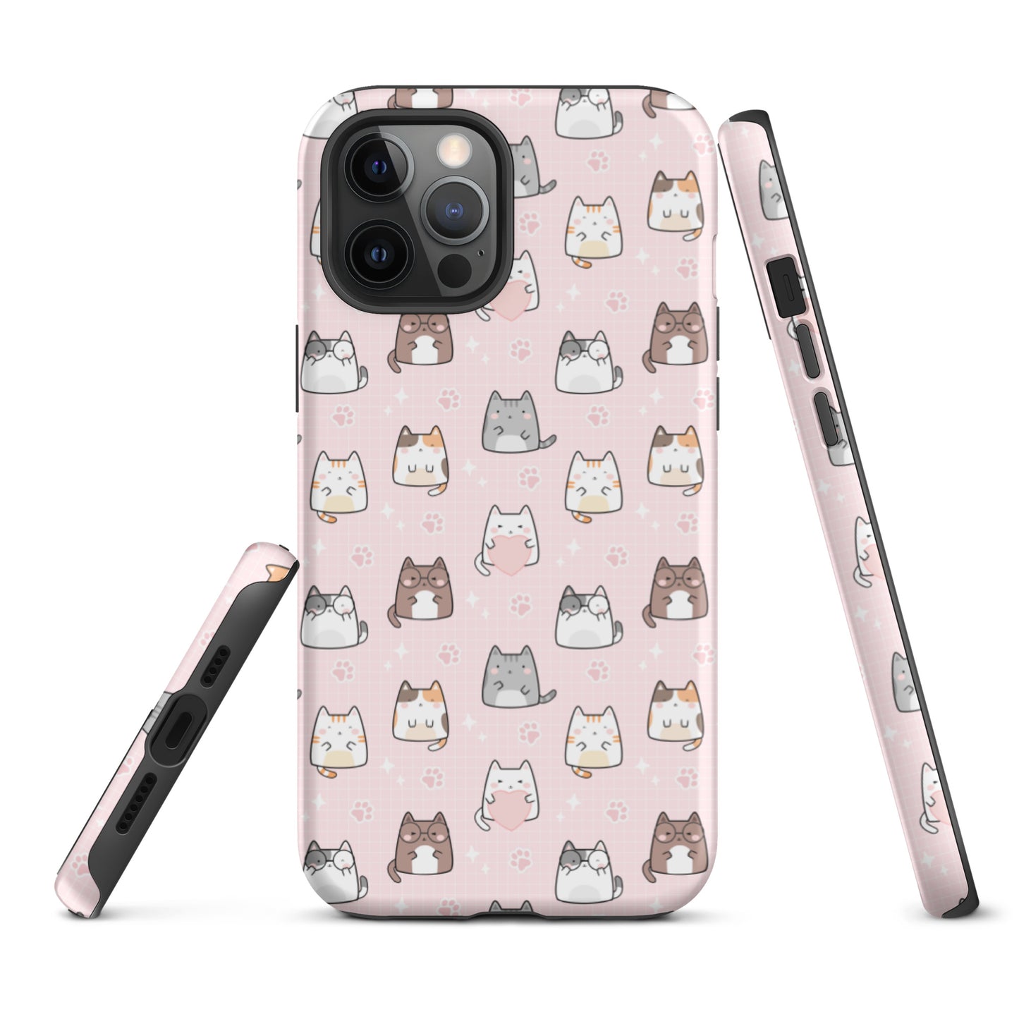 Tough case for iPhone 11, 12, 13, 14, 15, 16 Variations | Cute Cat with Heart Pink Background