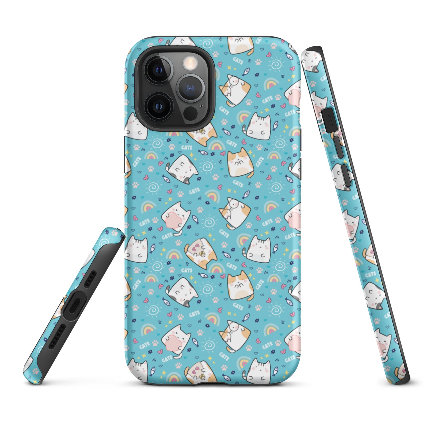 Tough case for iPhone 11, 12, 13, 14, 15, 16 Variations | Cute Cat with Heart Blue Background