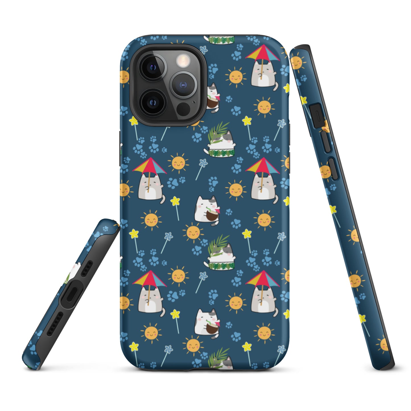 Tough case for iPhone 11, 12, 13, 14, 15, 16 Variations | Cat Summer Umbrella Blue Background