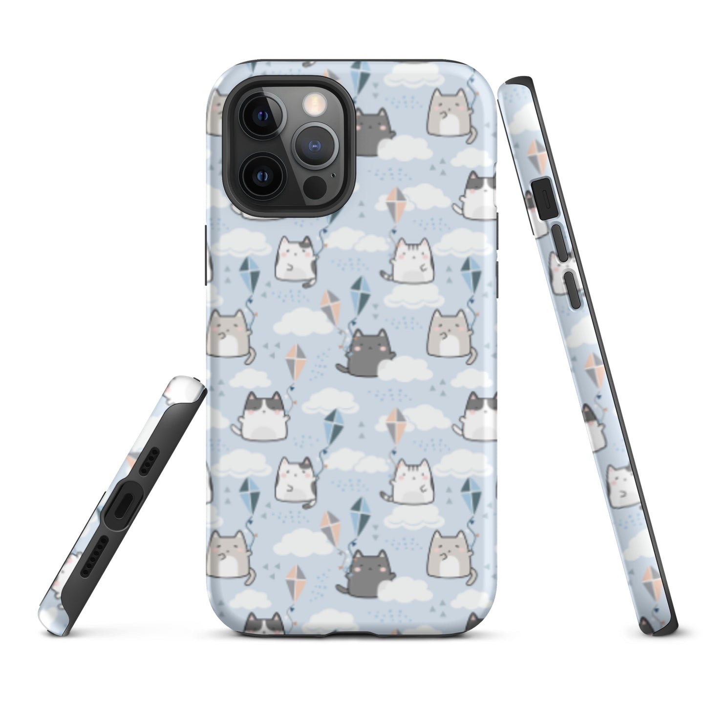 Tough case for iPhone 11, 12, 13, 14, 15, 16 Variations | Cat Cloud Kite LightBlue Background