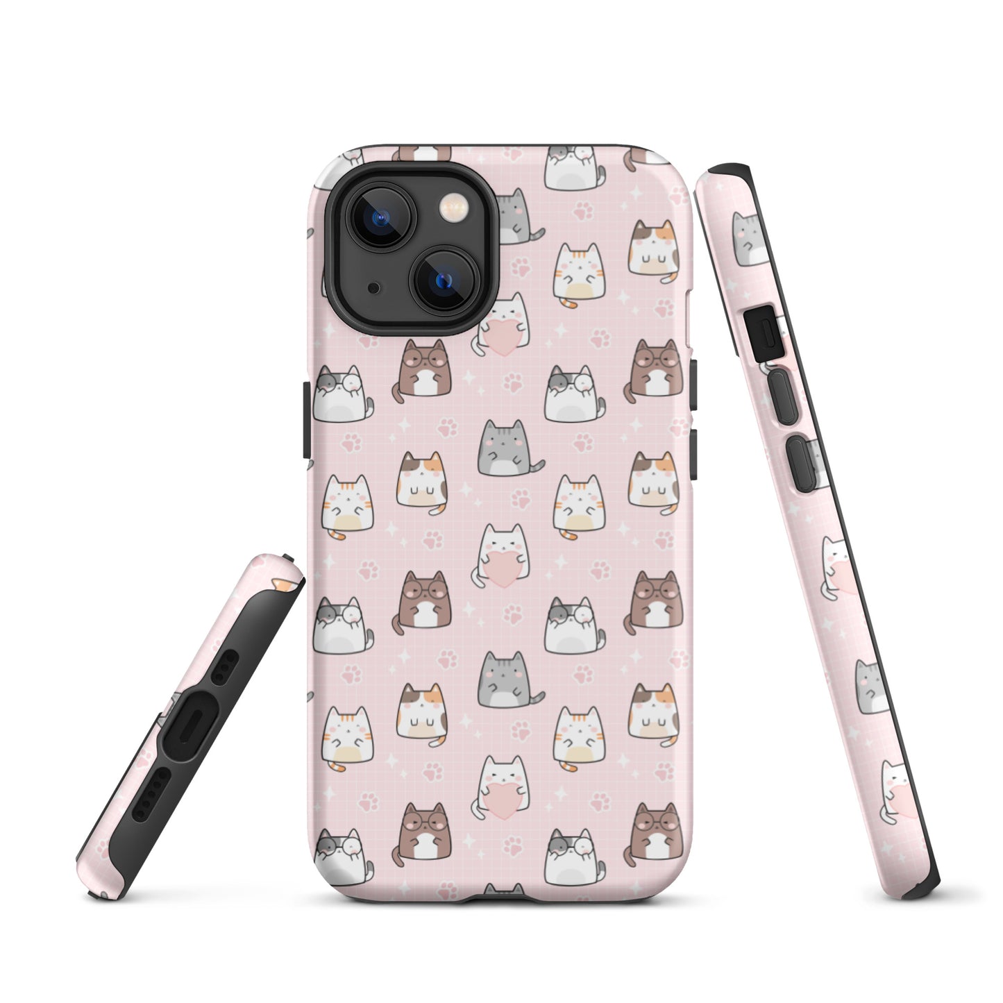 Tough case for iPhone 11, 12, 13, 14, 15 Variations | Cute Cat with Heart Pink Background