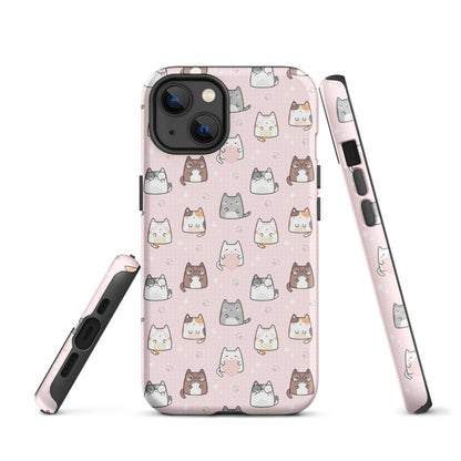 Tough case for iPhone 11, 12, 13, 14, 15, 16 Variations | Cute Cat with Heart Pink Background