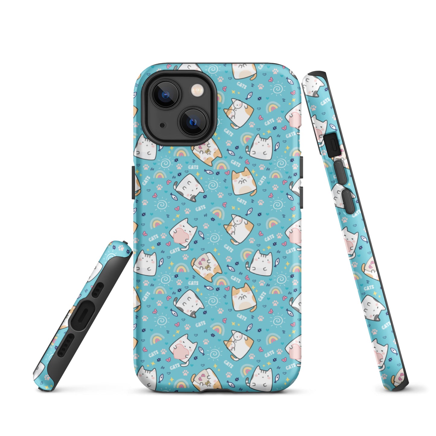 Tough case for iPhone 11, 12, 13, 14, 15, 16 Variations | Cute Cat with Heart Blue Background