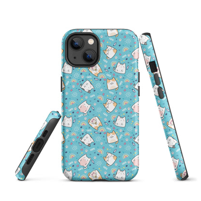Tough case for iPhone 11, 12, 13, 14, 15, 16 Variations | Cute Cat with Heart Blue Background