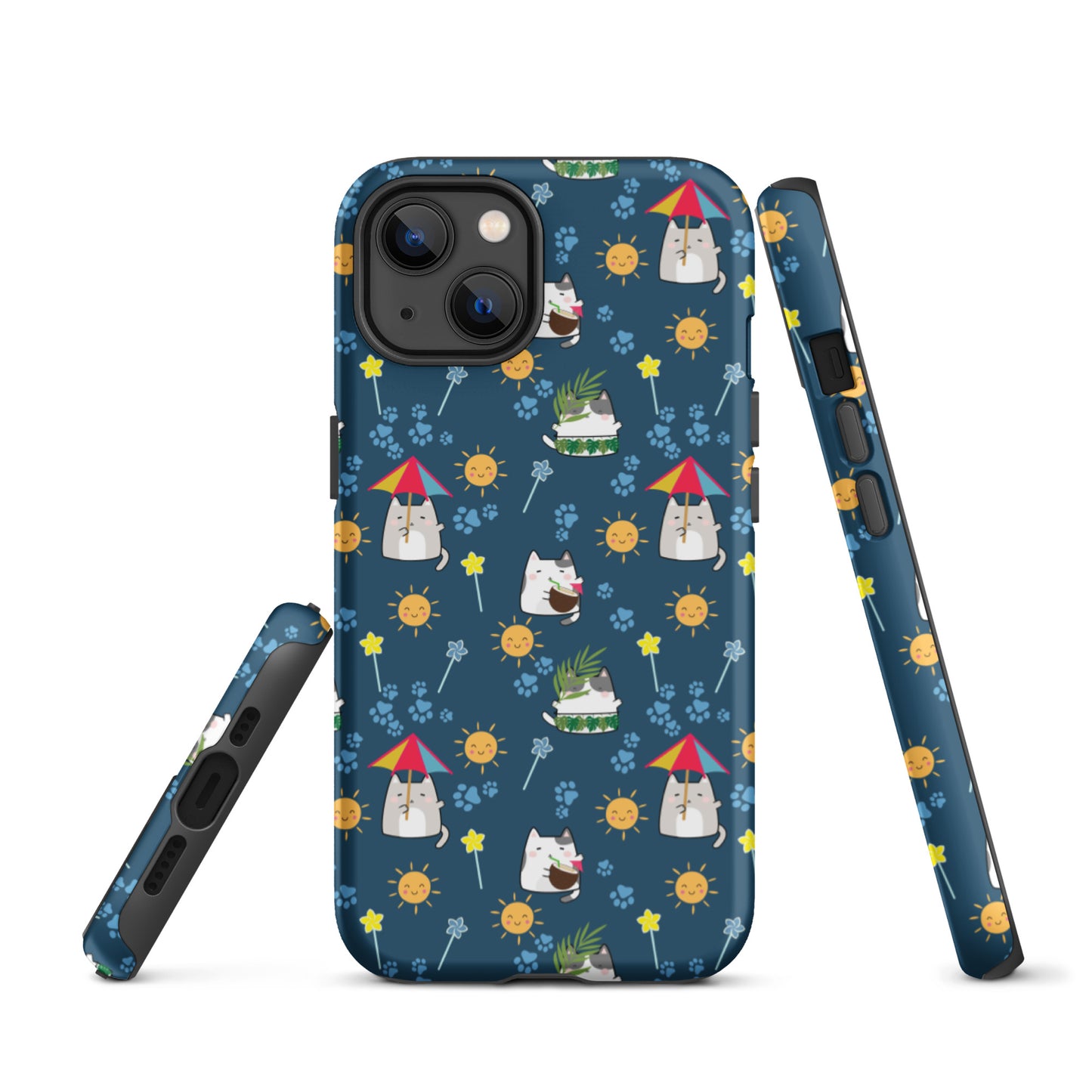 Tough case for iPhone 11, 12, 13, 14, 15, 16 Variations | Cat Summer Umbrella Blue Background