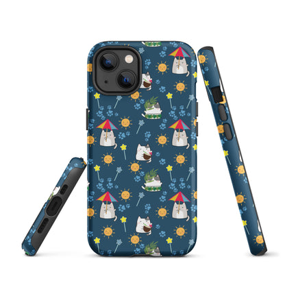 Tough case for iPhone 11, 12, 13, 14, 15, 16 Variations | Cat Summer Umbrella Blue Background