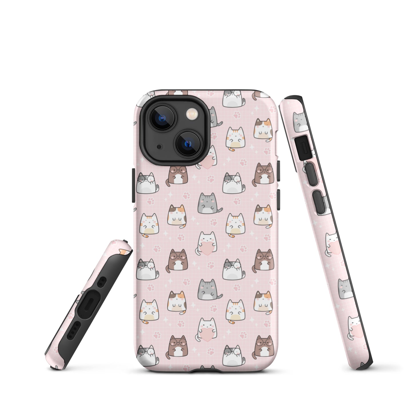 Tough case for iPhone 11, 12, 13, 14, 15, 16 Variations | Cute Cat with Heart Pink Background