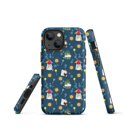Tough case for iPhone 11, 12, 13, 14, 15, 16 Variations | Cat Summer Umbrella Blue Background