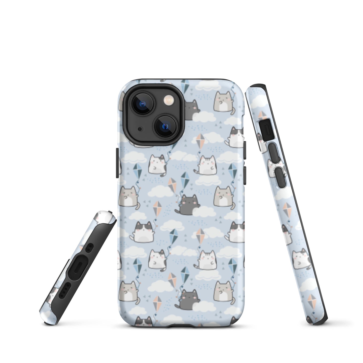 Tough case for iPhone 11, 12, 13, 14, 15, 16 Variations | Cat Cloud Kite LightBlue Background