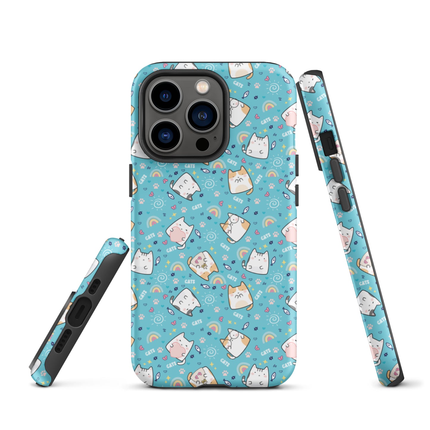 Tough case for iPhone 11, 12, 13, 14, 15, 16 Variations | Cute Cat with Heart Blue Background