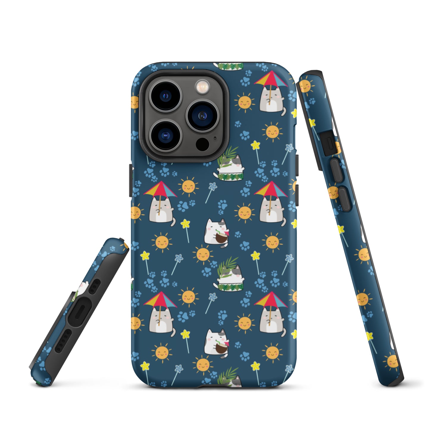 Tough case for iPhone 11, 12, 13, 14, 15, 16 Variations | Cat Summer Umbrella Blue Background