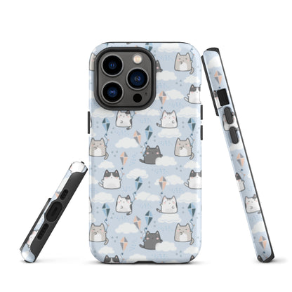 Tough case for iPhone 11, 12, 13, 14, 15, 16 Variations | Cat Cloud Kite LightBlue Background