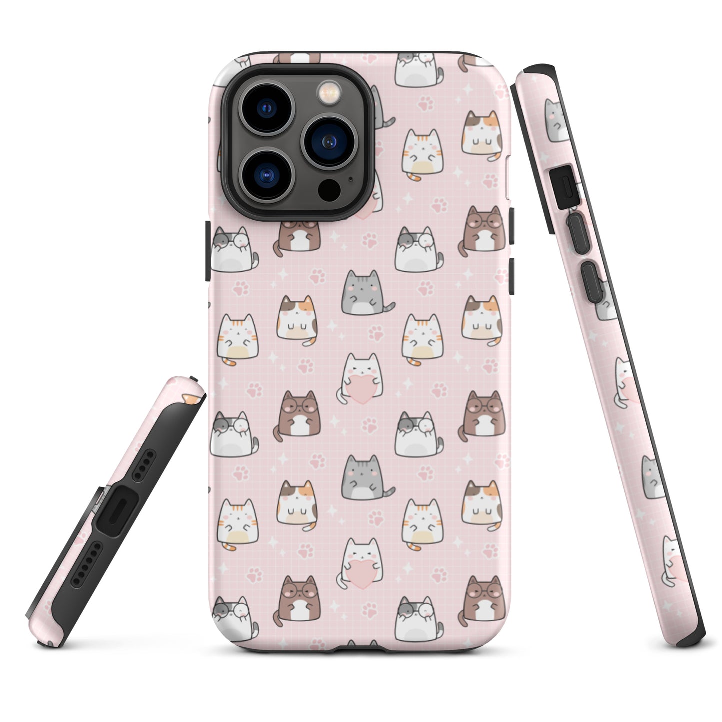 Tough case for iPhone 11, 12, 13, 14, 15, 16 Variations | Cute Cat with Heart Pink Background