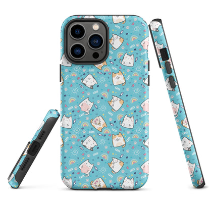 Tough case for iPhone 11, 12, 13, 14, 15, 16 Variations | Cute Cat with Heart Blue Background