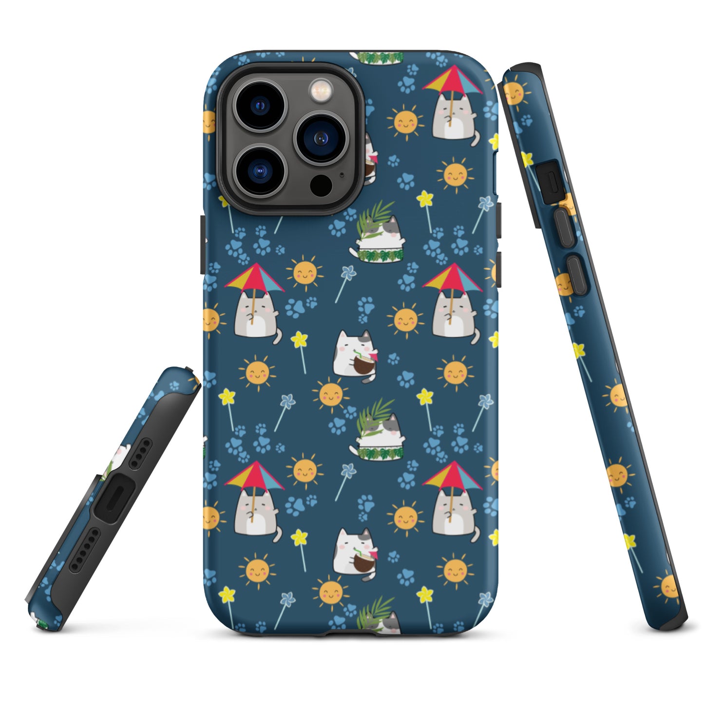 Tough case for iPhone 11, 12, 13, 14, 15, 16 Variations | Cat Summer Umbrella Blue Background