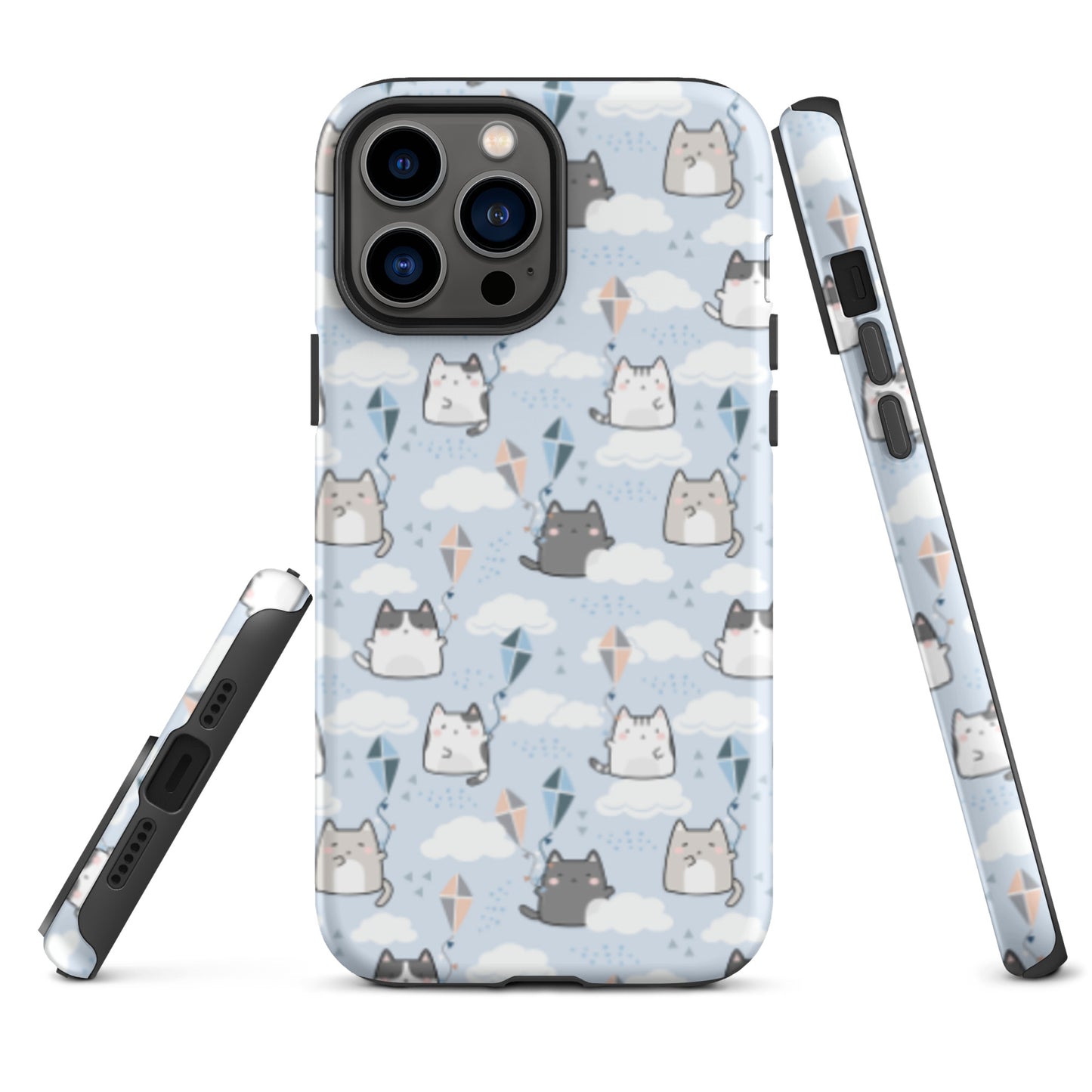 Tough case for iPhone 11, 12, 13, 14, 15, 16 Variations | Cat Cloud Kite LightBlue Background