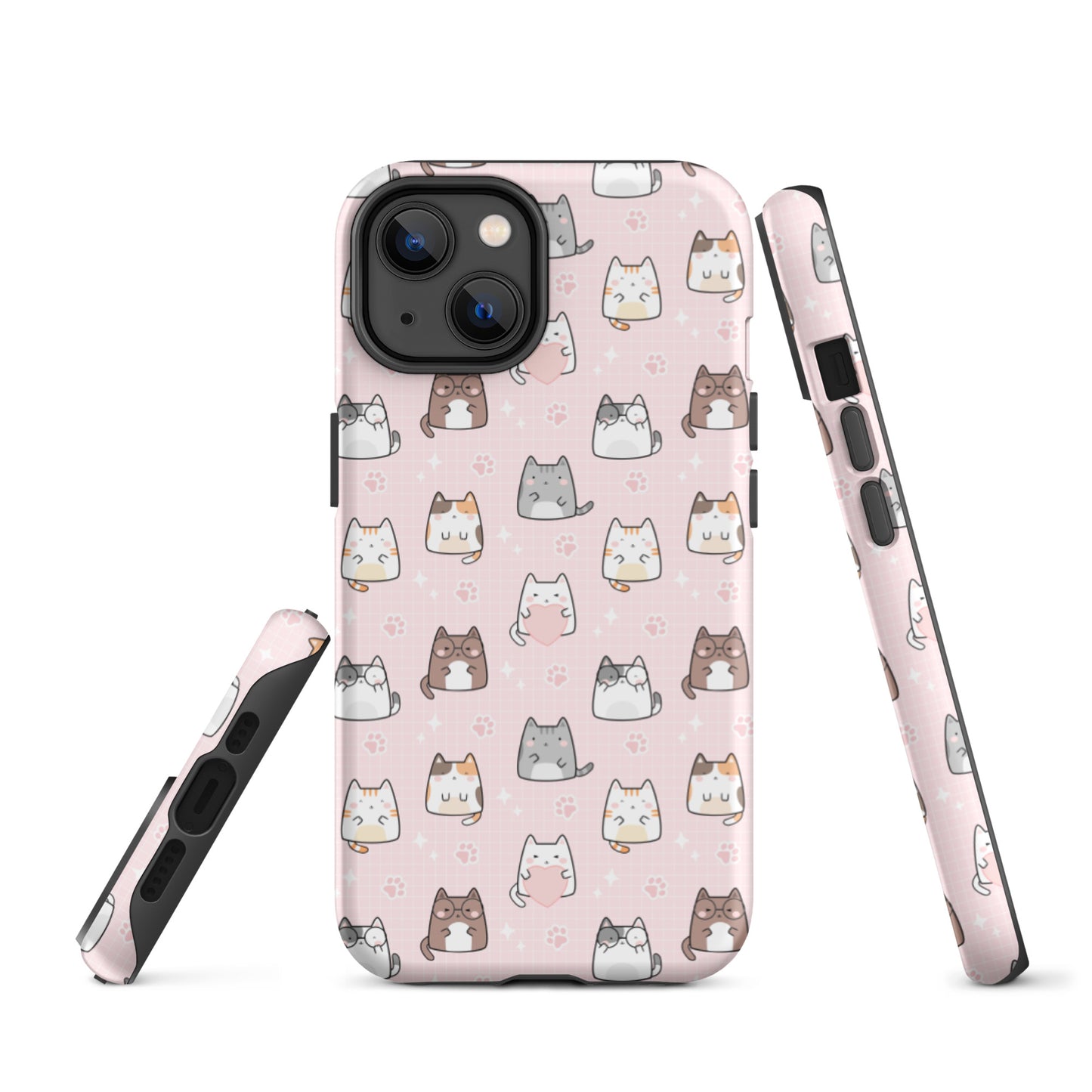 Tough case for iPhone 11, 12, 13, 14, 15 Variations | Cute Cat with Heart Pink Background