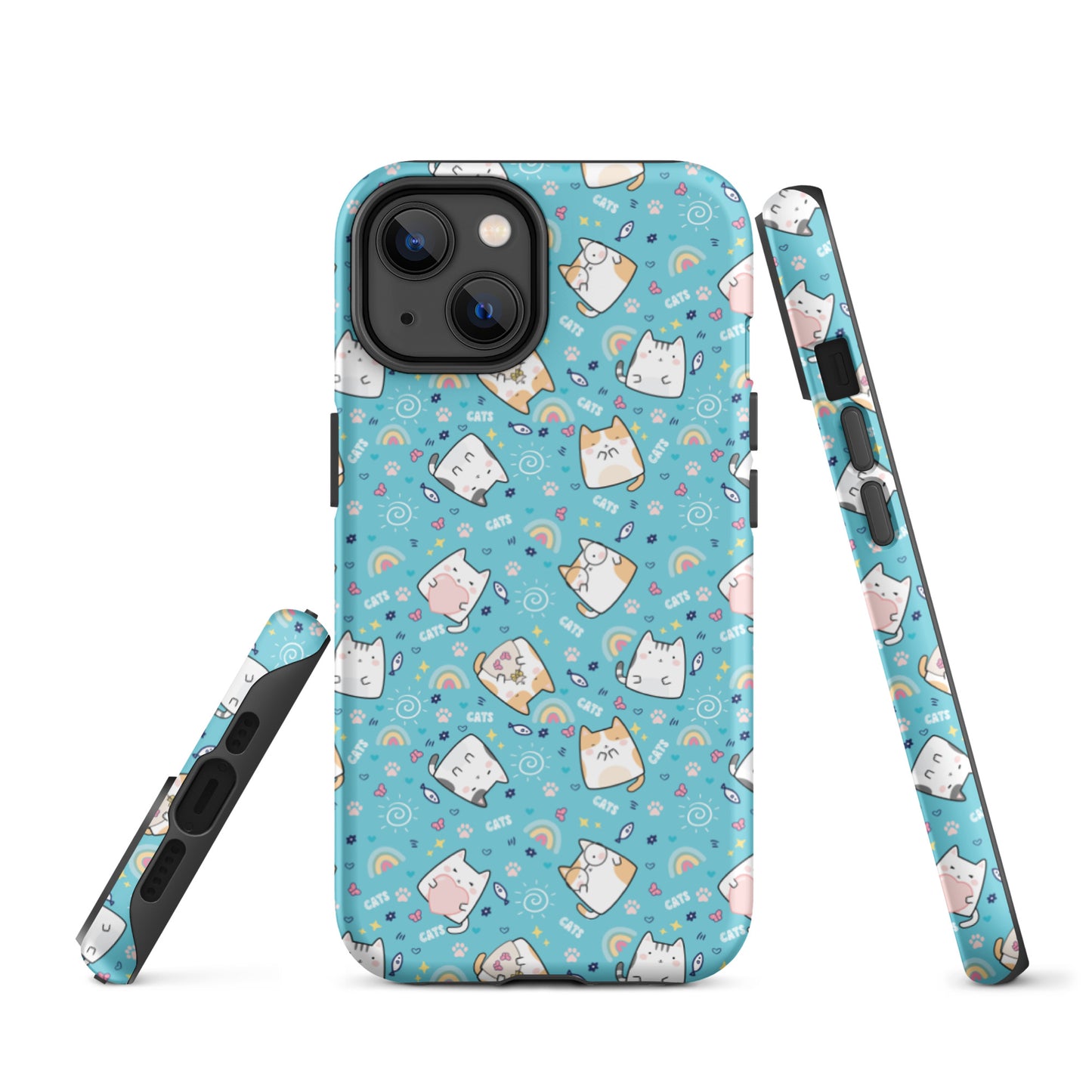 Tough case for iPhone 11, 12, 13, 14, 15, 16 Variations | Cute Cat with Heart Blue Background