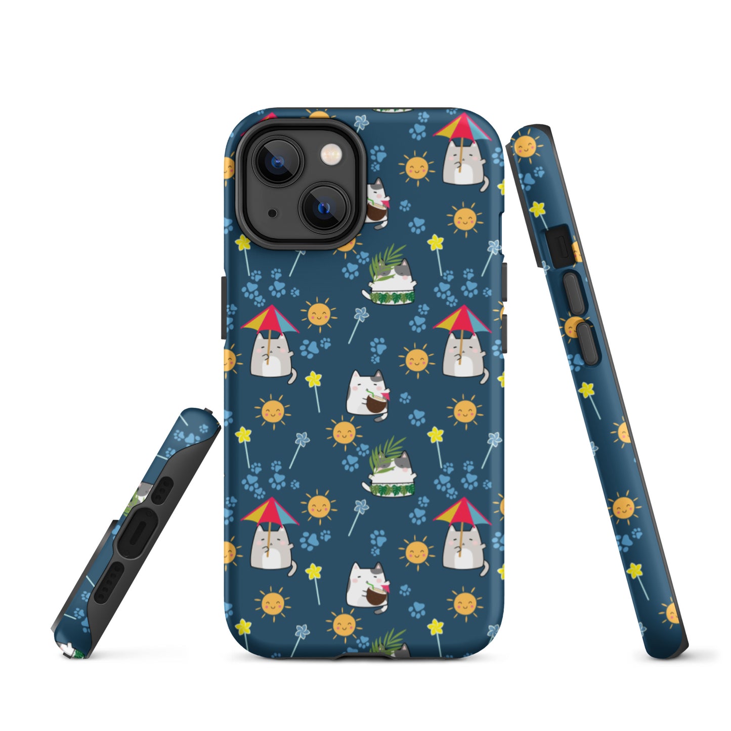 Tough case for iPhone 11, 12, 13, 14, 15, 16 Variations | Cat Summer Umbrella Blue Background