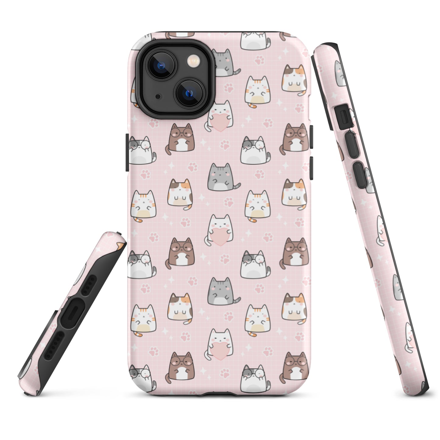 Tough case for iPhone 11, 12, 13, 14, 15, 16 Variations | Cute Cat with Heart Pink Background