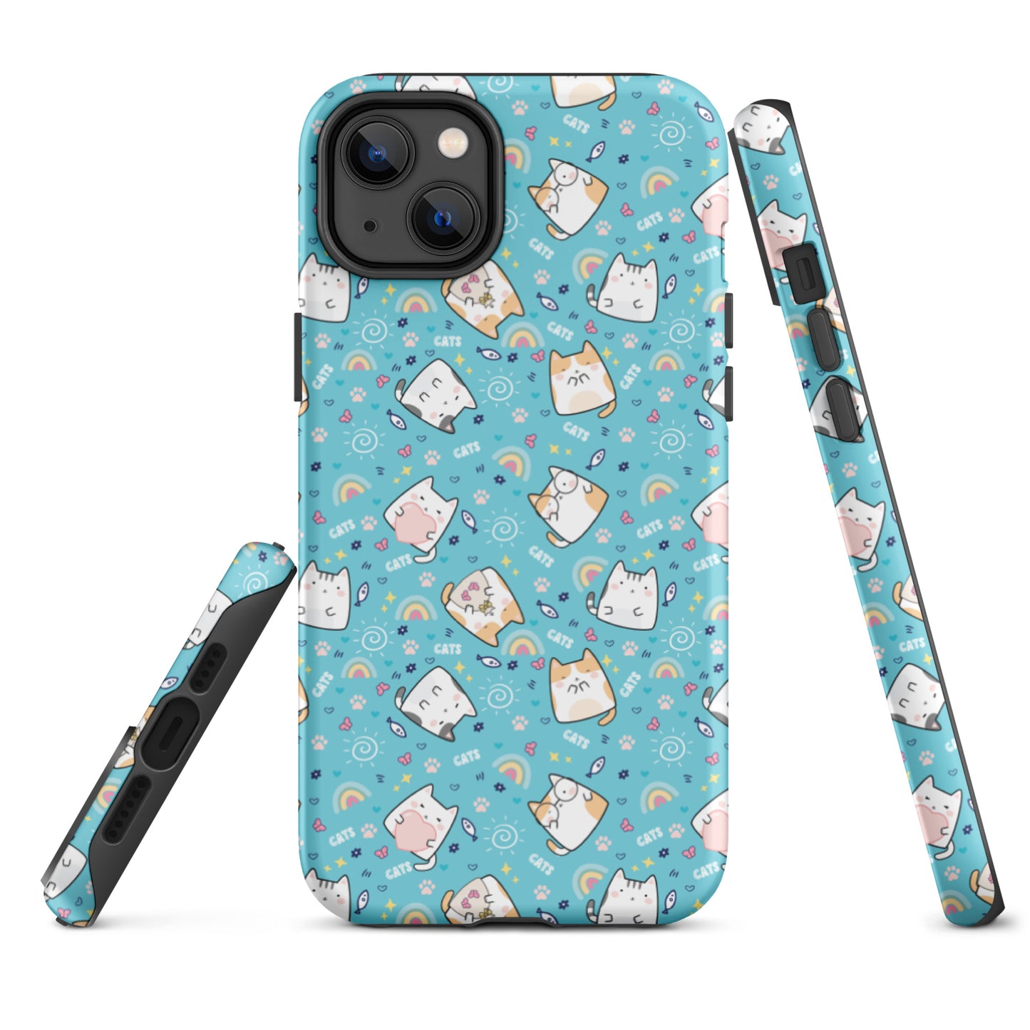 Tough case for iPhone 11, 12, 13, 14, 15, 16 Variations | Cute Cat with Heart Blue Background