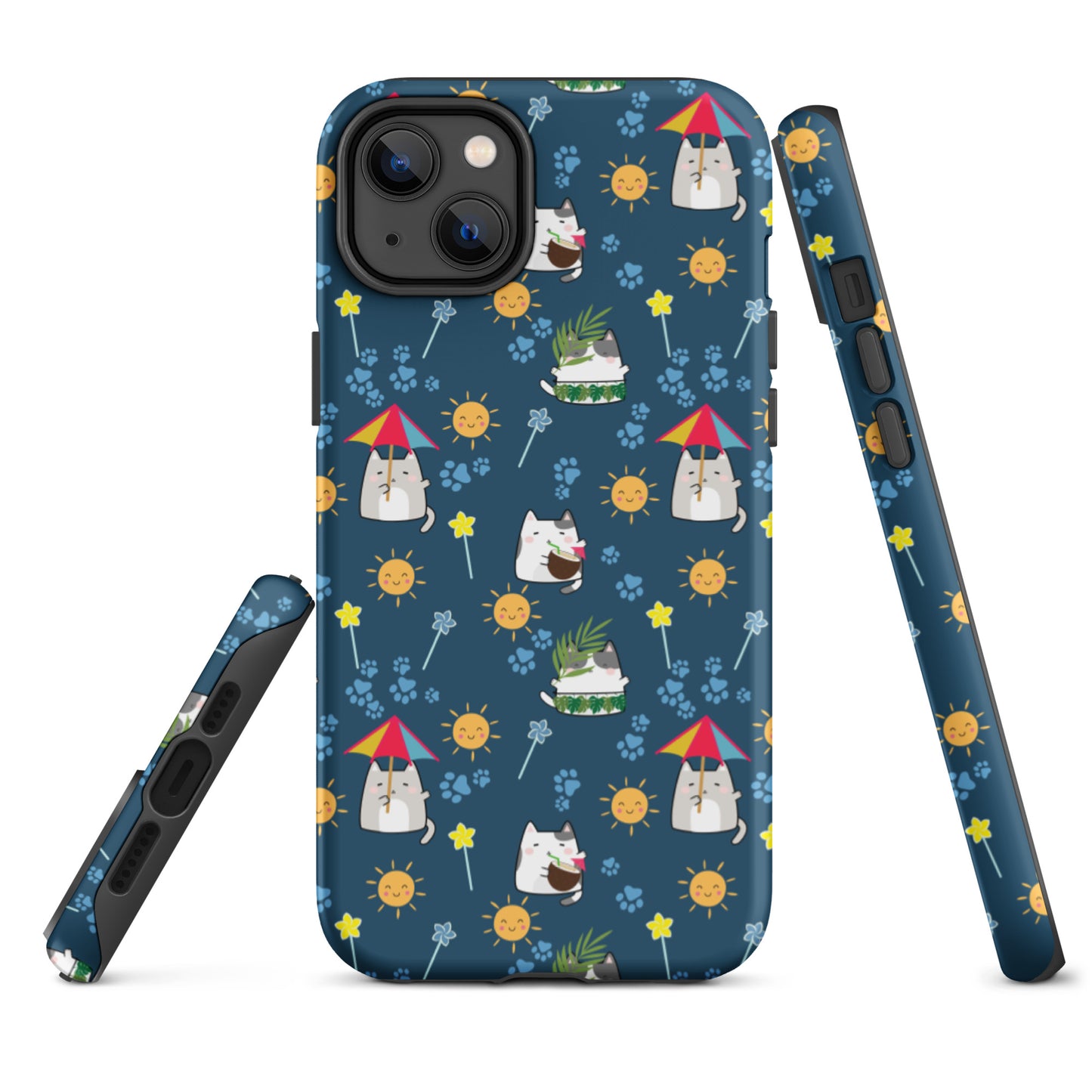Tough case for iPhone 11, 12, 13, 14, 15, 16 Variations | Cat Summer Umbrella Blue Background