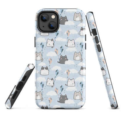 Tough case for iPhone 11, 12, 13, 14, 15, 16 Variations | Cat Cloud Kite LightBlue Background