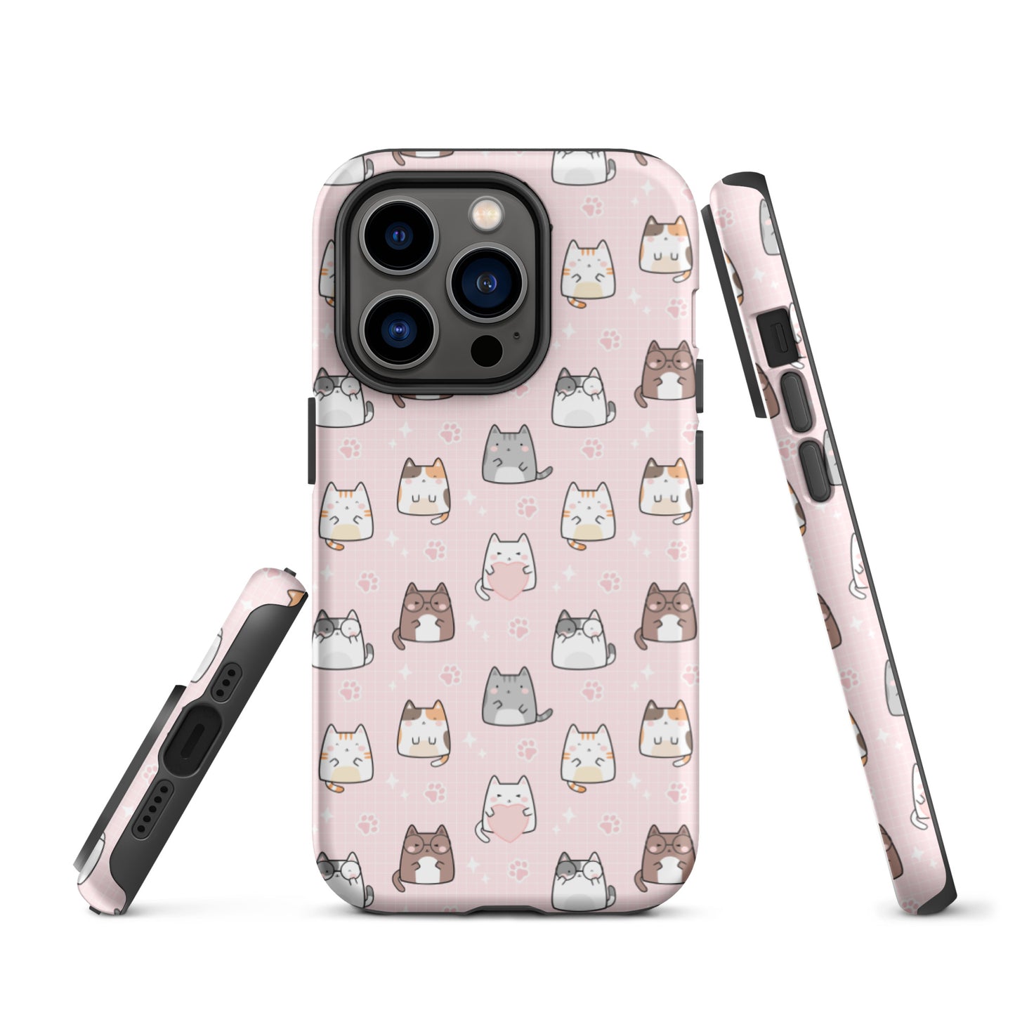 Tough case for iPhone 11, 12, 13, 14, 15, 16 Variations | Cute Cat with Heart Pink Background