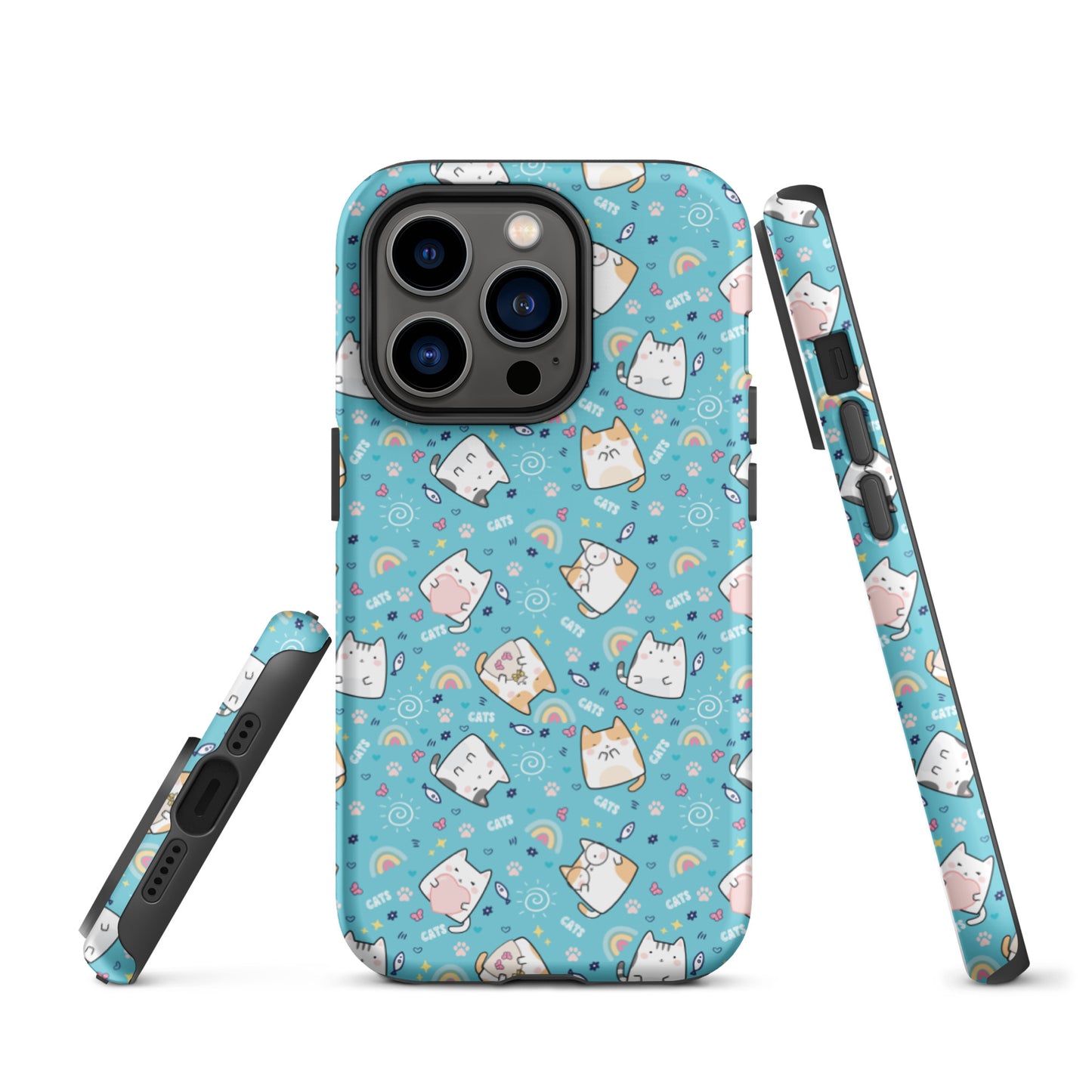 Tough case for iPhone 11, 12, 13, 14, 15, 16 Variations | Cute Cat with Heart Blue Background