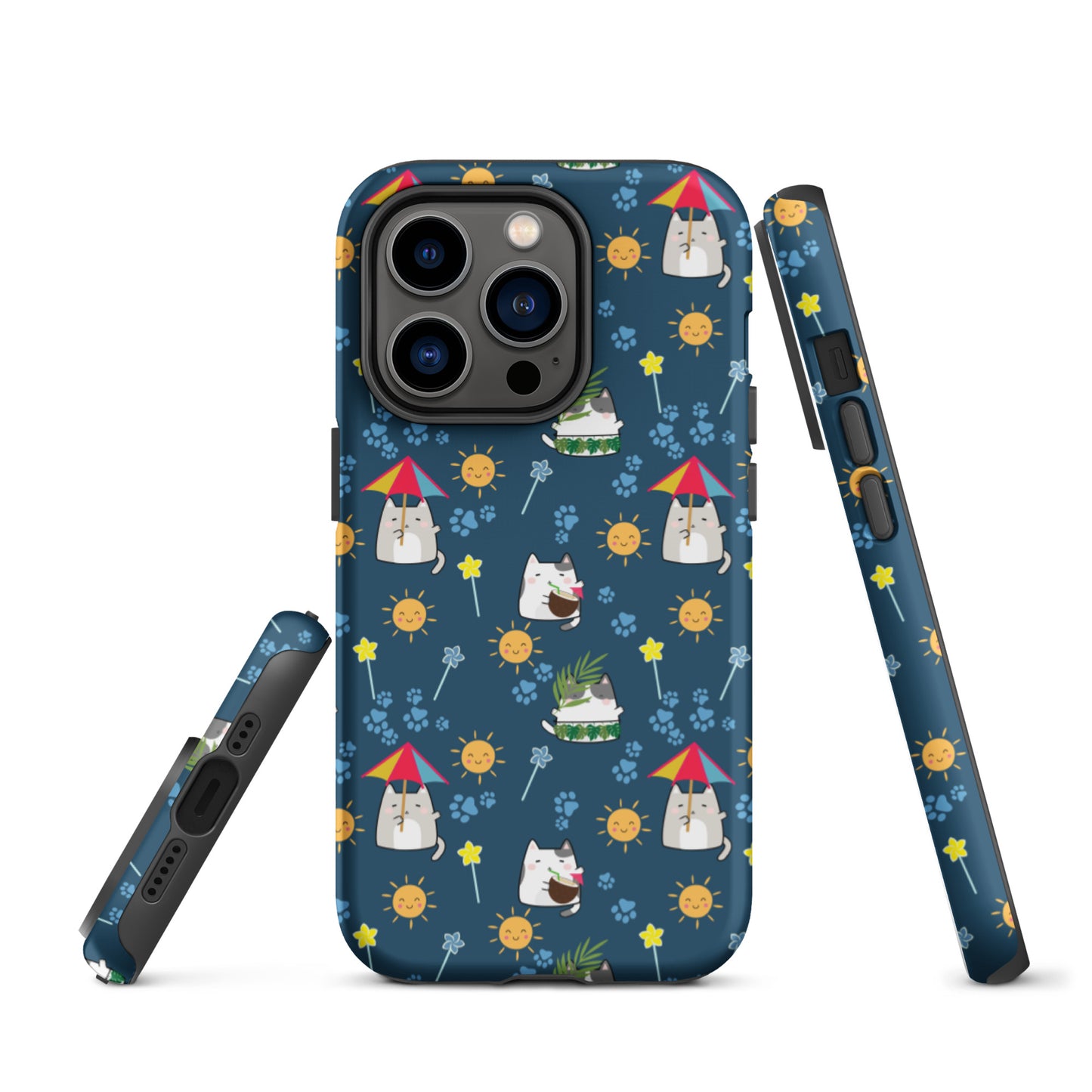 Tough case for iPhone 11, 12, 13, 14, 15, 16 Variations | Cat Summer Umbrella Blue Background