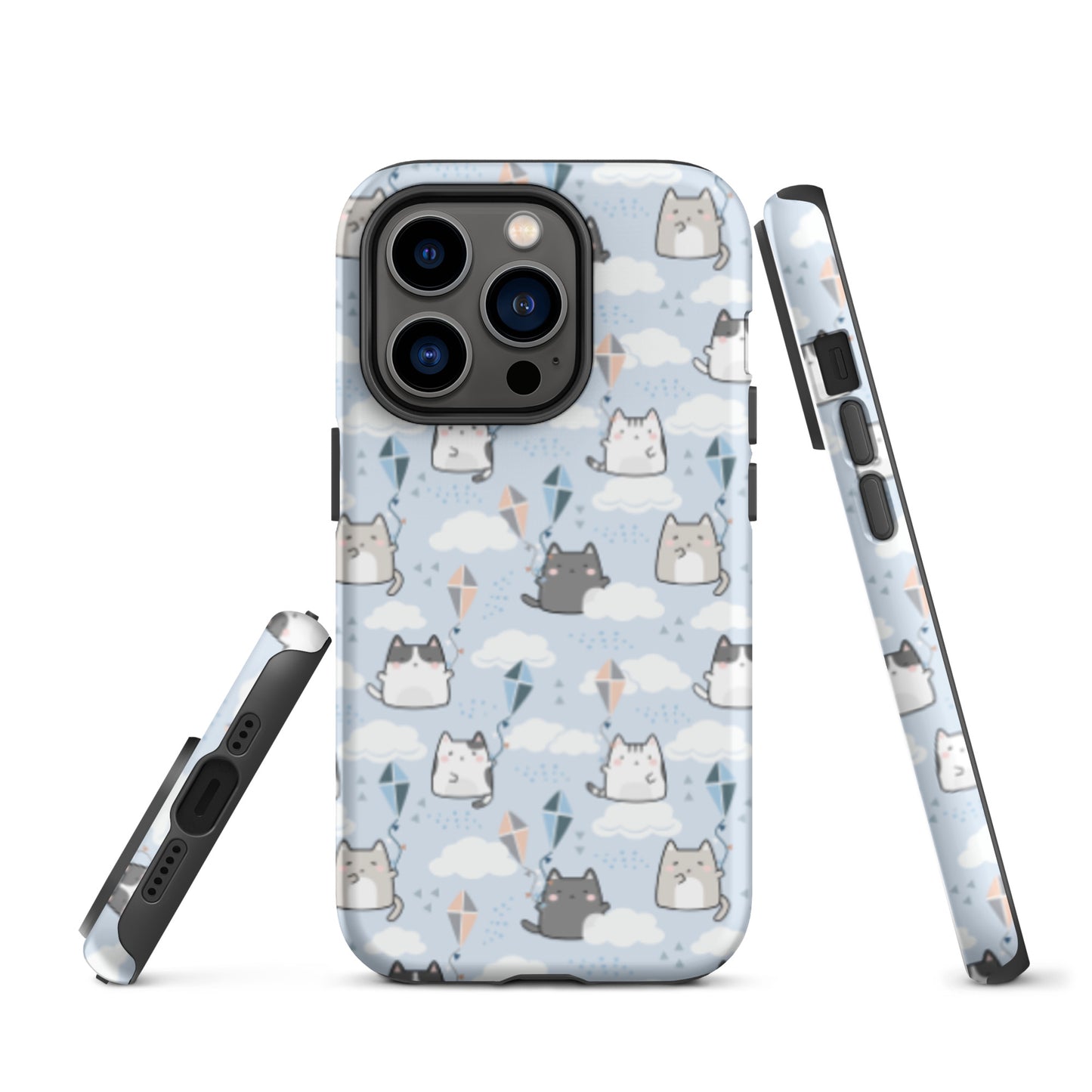 Tough case for iPhone 11, 12, 13, 14, 15, 16 Variations | Cat Cloud Kite LightBlue Background