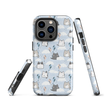Tough case for iPhone 11, 12, 13, 14, 15, 16 Variations | Cat Cloud Kite LightBlue Background
