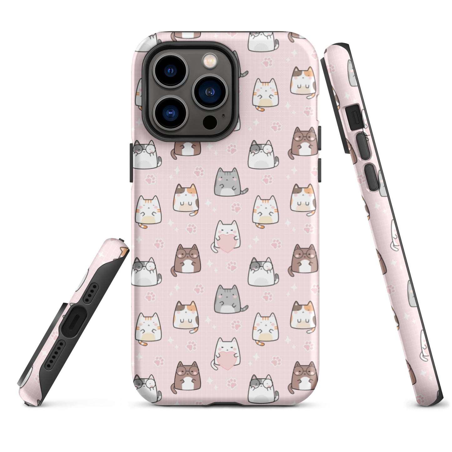 Tough case for iPhone 11, 12, 13, 14, 15, 16 Variations | Cute Cat with Heart Pink Background