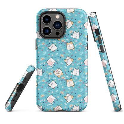 Tough case for iPhone 11, 12, 13, 14, 15, 16 Variations | Cute Cat with Heart Blue Background