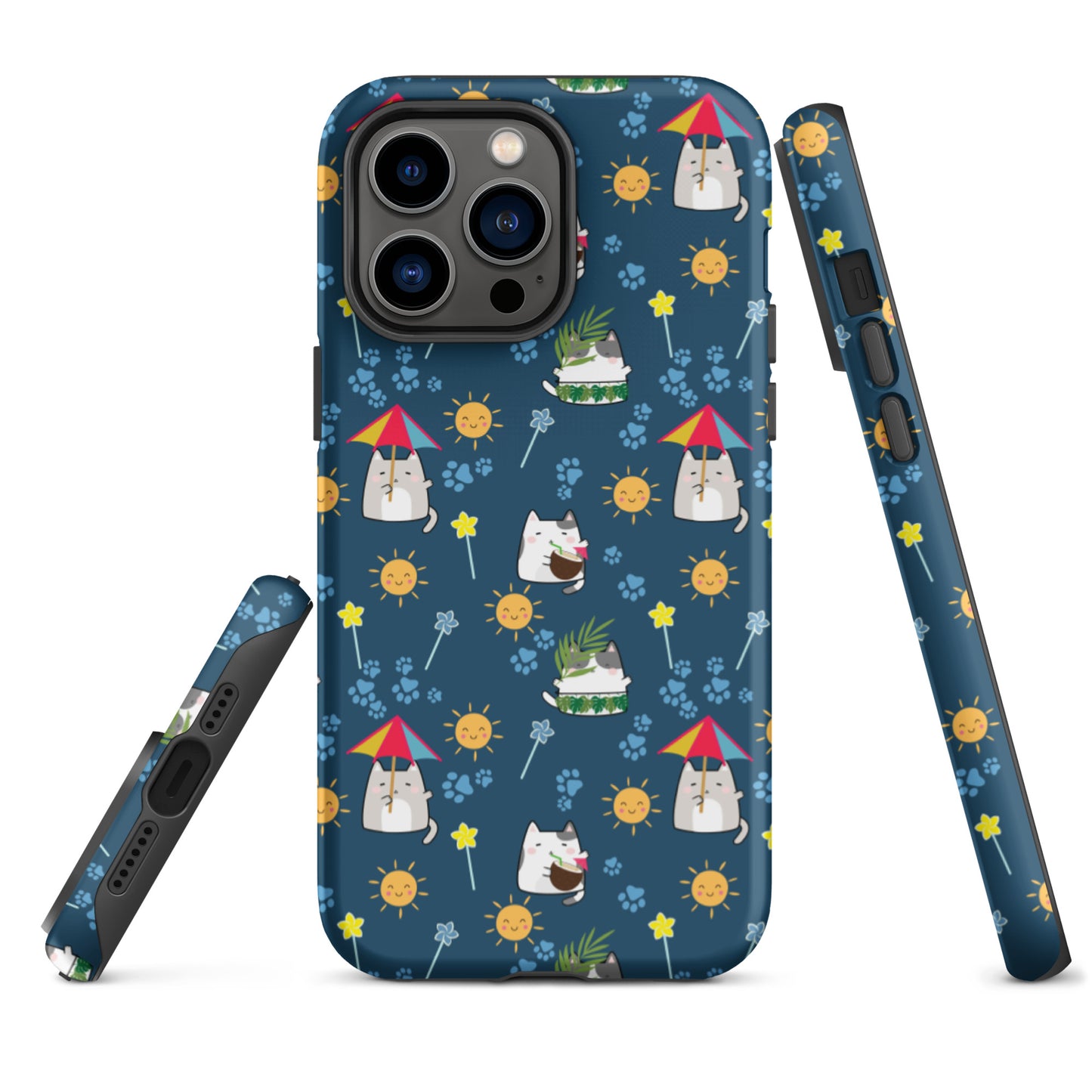 Tough case for iPhone 11, 12, 13, 14, 15, 16 Variations | Cat Summer Umbrella Blue Background
